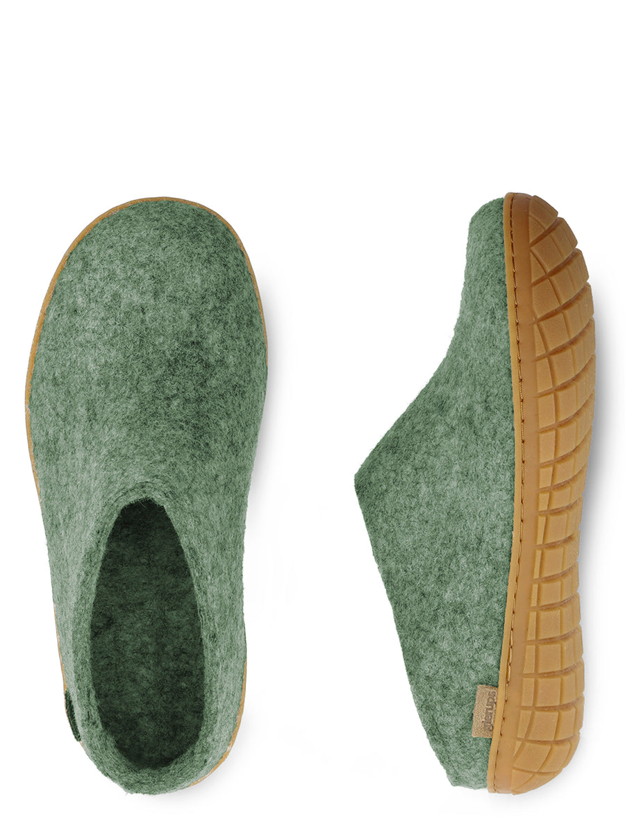 Glerups Danish Felt Mule Slippers Unisex Moss Green Rubber Sole
