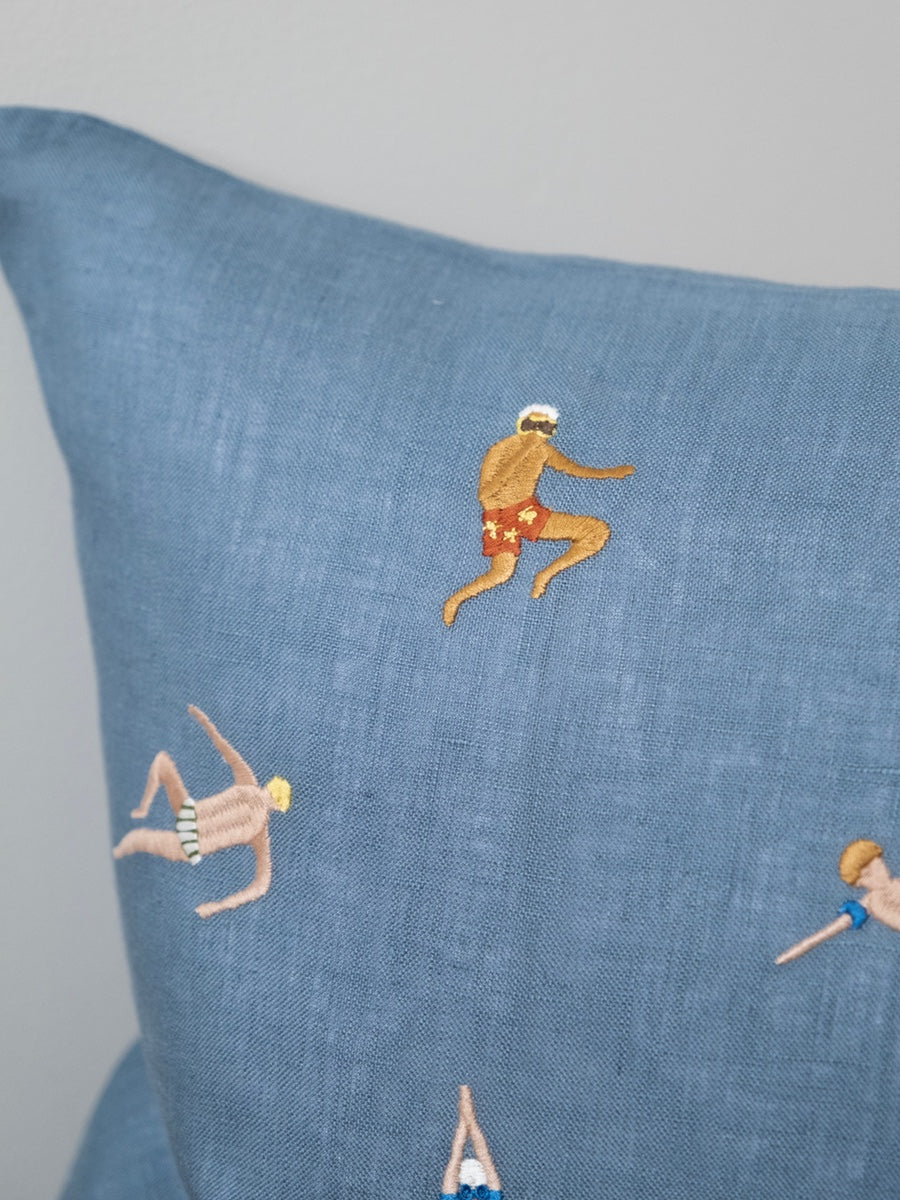 Fine Little Day Swimmers Embroidered Cushion Blue - Cloudberry Living