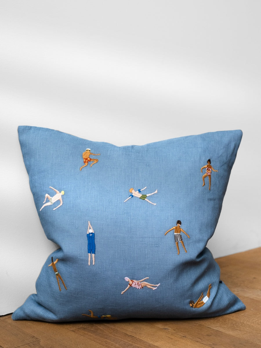 Fine Little Day Swimmers Embroidered Cushion Blue - Cloudberry Living
